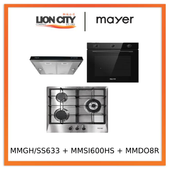 Mayer MMGH/SS633 60cm 3 Burner Glass Gas Hob + MMSI600HS 60 Cm Semi-integrated Slimline Hood + MMDO8R 60 cm Built-in Oven with Smoke Ventilation