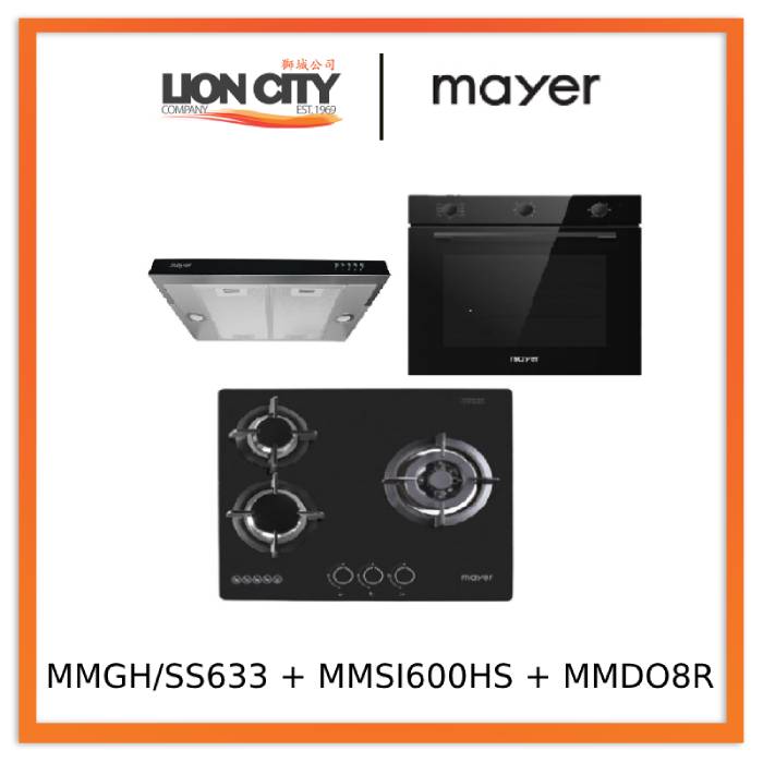 Mayer MMGH/SS633 60cm 3 Burner Glass Gas Hob + MMSI600HS 60 Cm Semi-integrated Slimline Hood + MMDO8R 60 cm Built-in Oven with Smoke Ventilation