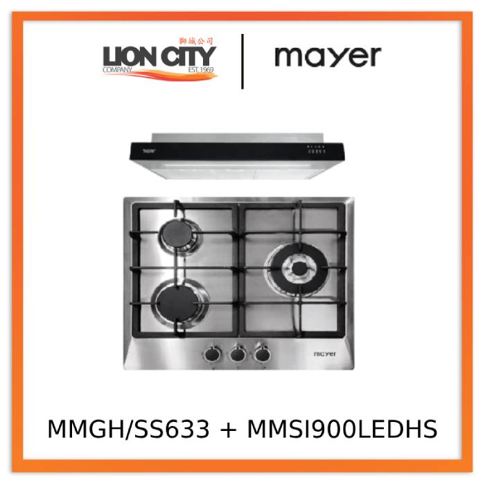 Mayer MMGH/SS633 60cm 3 Burner Glass Gas Hob + MMSI900LEDHS 90cm Semi-integrated Slimline Hood
