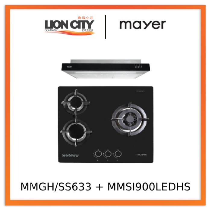 Mayer MMGH/SS633 60cm 3 Burner Glass Gas Hob + MMSI900LEDHS 90cm Semi-integrated Slimline Hood