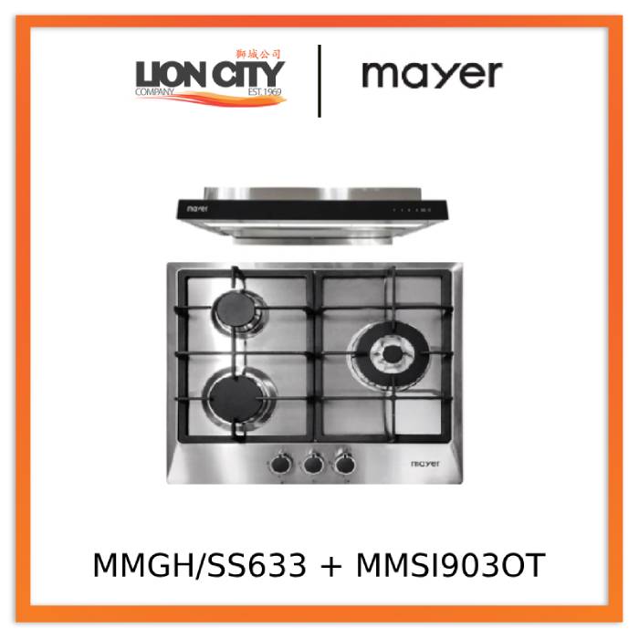 Mayer MMGH/SS633 60cm 3 Burner Glass Gas Hob + MMSI903OT Cm Semi-integrated Hood With Oil Tray