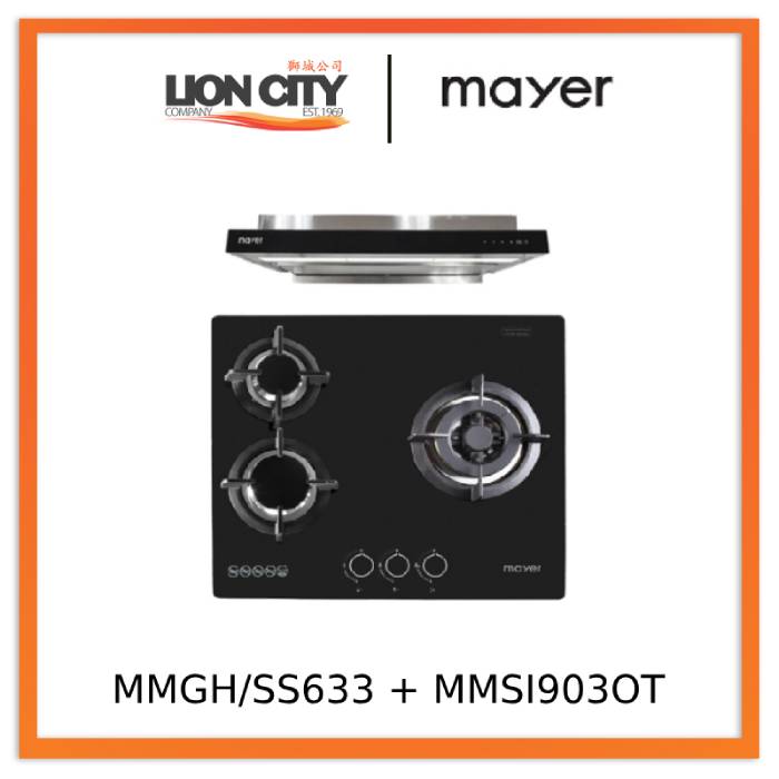 Mayer MMGH/SS633 60cm 3 Burner Glass Gas Hob + MMSI903OT Cm Semi-integrated Hood With Oil Tray