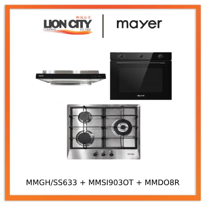 Mayer MMGH/SS633 60cm 3 Burner Glass Gas Hob + MMSI903OT Cm Semi-integrated Hood With Oil Tray + MMDO8R 60 cm Built-in Oven with Smoke Ventilation