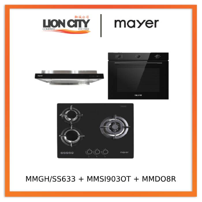 Mayer MMGH/SS633 60cm 3 Burner Glass Gas Hob + MMSI903OT Cm Semi-integrated Hood With Oil Tray + MMDO8R 60 cm Built-in Oven with Smoke Ventilation