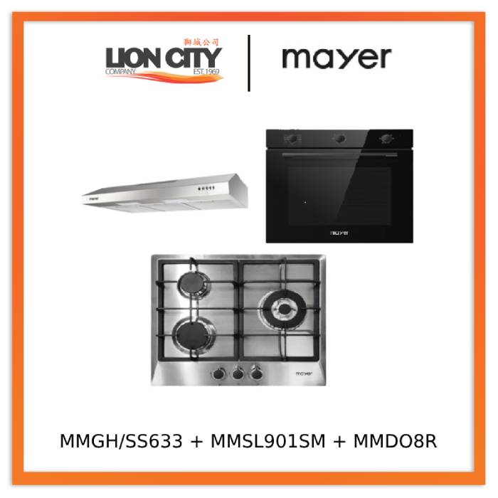 Mayer MMGH/SS633 60cm 3 Burner Glass Gas Hob + MMSL901SM 90 Cm Slimline Hood + MMDO8R 60 cm Built-in Oven with Smoke Ventilation