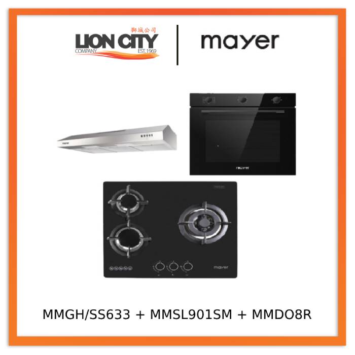 Mayer MMGH/SS633 60cm 3 Burner Glass Gas Hob + MMSL901SM 90 Cm Slimline Hood + MMDO8R 60 cm Built-in Oven with Smoke Ventilation