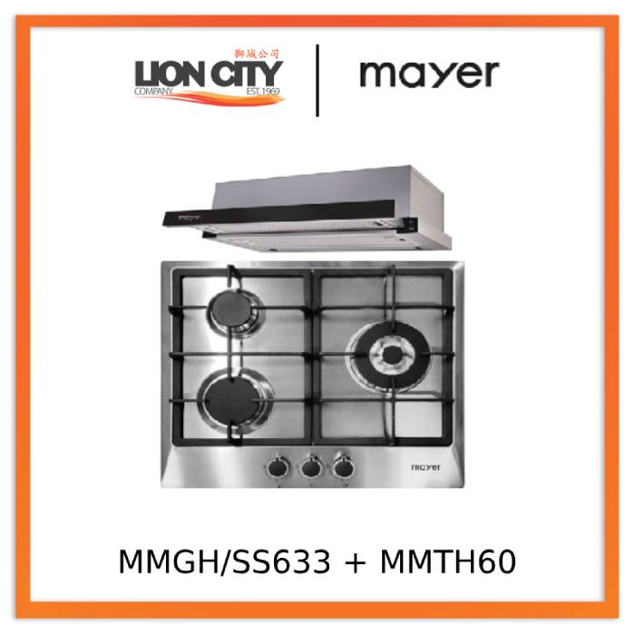 Mayer MMGH/SS633 60cm 3 Burner Glass Gas Hob + MMTH60 Telescopic Hood (60CM)