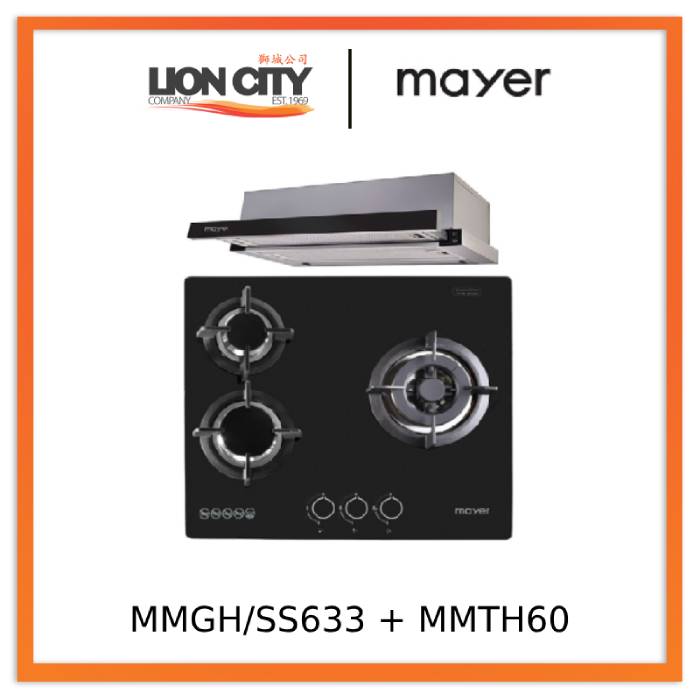Mayer MMGH/SS633 60cm 3 Burner Glass Gas Hob + MMTH60 Telescopic Hood (60CM)