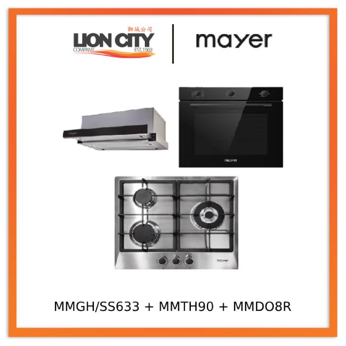 Mayer MMGH/SS633 60cm 3 Burner Glass Gas Hob +  MMTH90 Telescopic Hood + MMDO8R 60 cm Built-in Oven with Smoke Ventilation