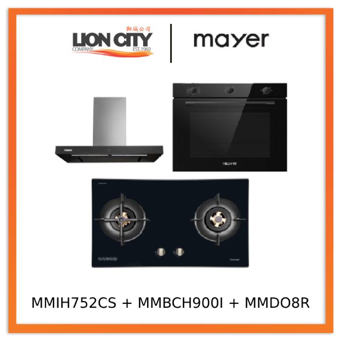 Mayer MMIH752CS 75cm 2 Zone Induction Hob with Slider + MMBCH900I Chimney Hood + MMDO8R 60 cm Built-in Oven with Smoke Ventilation
