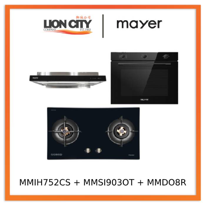 Mayer MMIH752CS 75cm 2 Zone Induction Hob with Slider + MMSI903OT Cm Semi-integrated Hood With Oil Tray + MMDO8R 60 cm Built-in Oven with Smoke Ventilation - Lion City Company