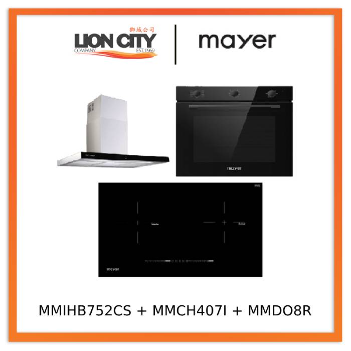 Mayer MMIHB752CS 75cm 2 Zone Hybrid Hob with Slider + MMCH407I 90cm Chimney Hood + MMDO8R 60 cm Built-in Oven with Smoke Ventilation