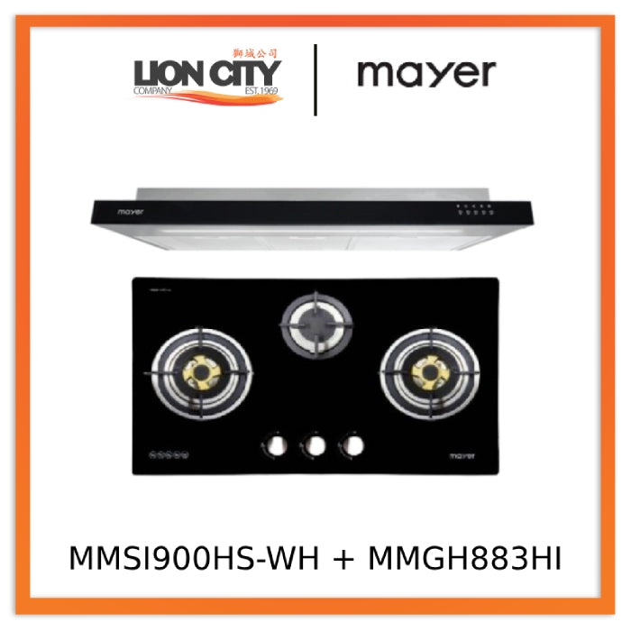 Mayer MMSI900HS-BK/SL 90cm Semi-integrated Hood + MMGH883HI  86 cm 3 Burner Glass Gas Hob