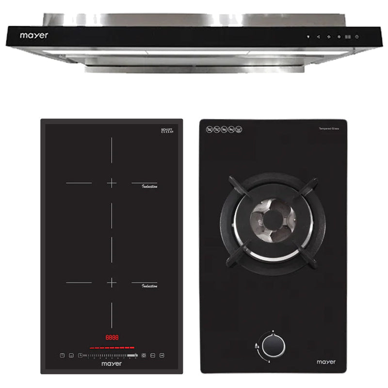 Mayer Induction Hob Domino Gas Hob and Cooker Hood Bundle