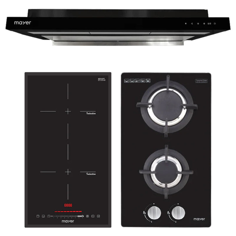 Mayer Induction Hob Domino Gas Hob and Cooker Hood Bundle
