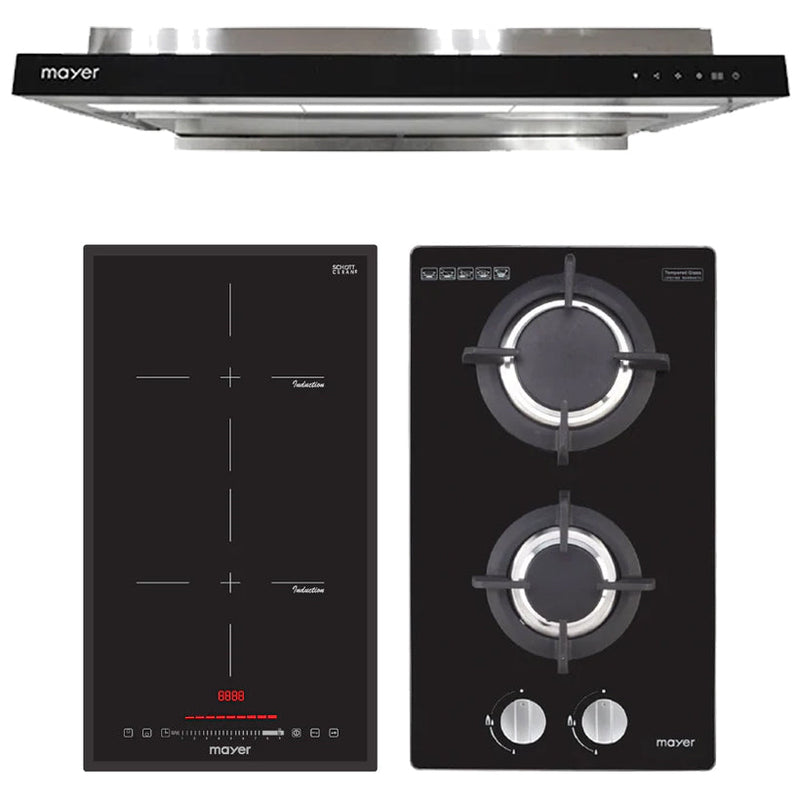 Mayer Induction Hob Domino Gas Hob and Cooker Hood Bundle