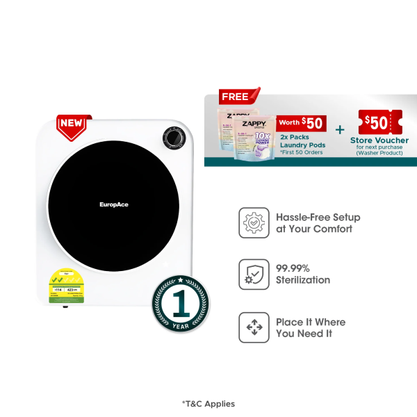 EuropAce EDY3500EMWH Moon Series 5KG Compact Dryer 99.99% Sterilization, Plug & Use