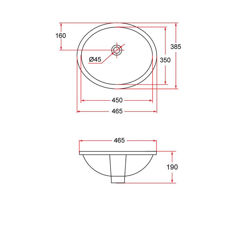Rubine NUE R46 46.5cm Undermount Ceramic Basin Gloss White