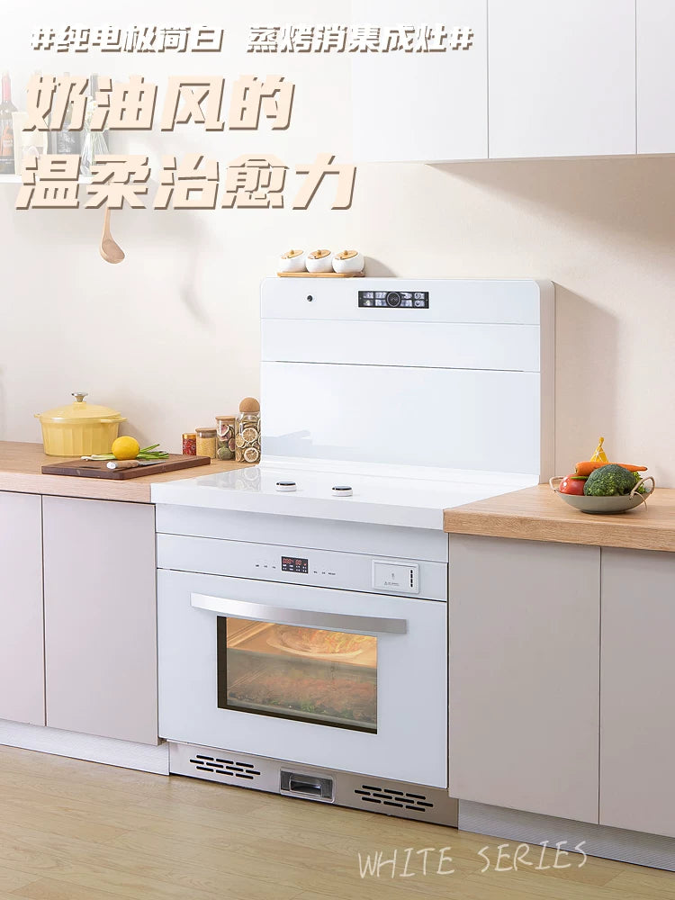 Shengxing Pure White Variable Frequency Dual Induction Hob Electric Ceramic Integrated Stove with Side Suction Downward Exhaust Left Oven Right Steamer