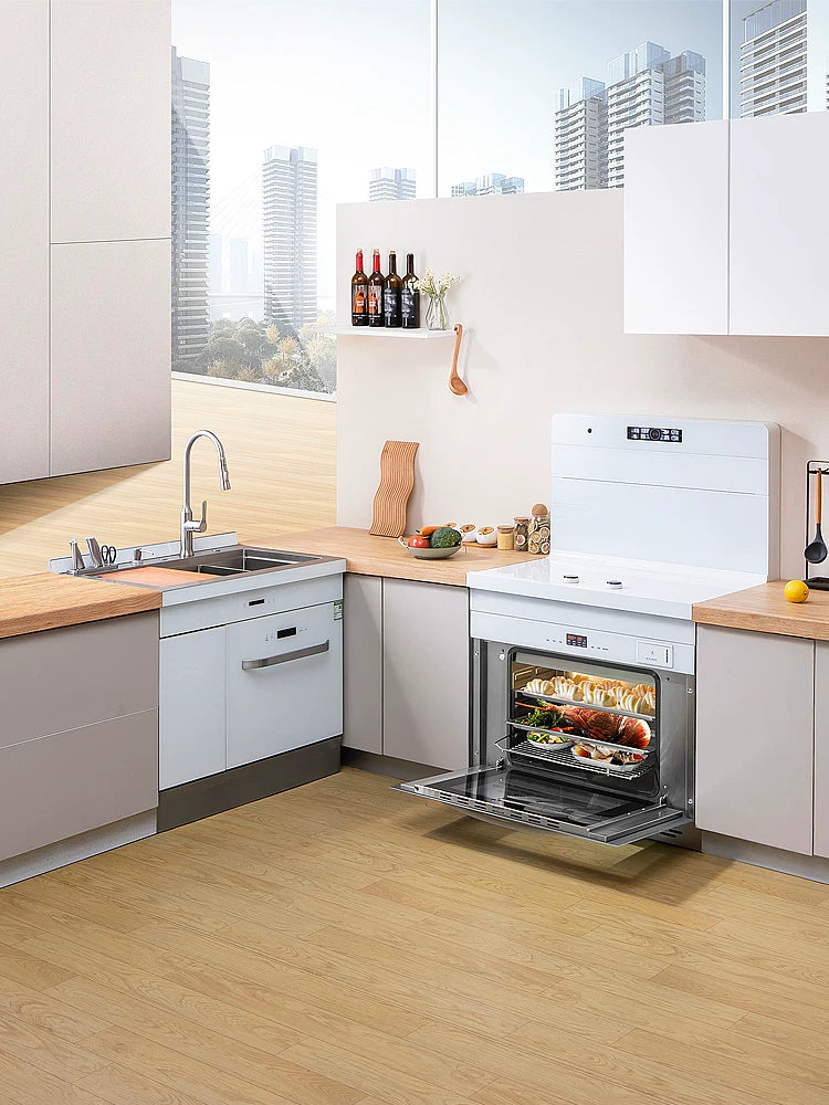 Shengxing Pure White Variable Frequency Dual Induction Hob Electric Ceramic Integrated Stove with Side Suction Downward Exhaust Left Oven Right Steamer