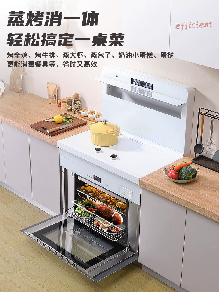 Shengxing Pure White Variable Frequency Dual Induction Hob Electric Ceramic Integrated Stove with Side Suction Downward Exhaust Left Oven Right Steamer