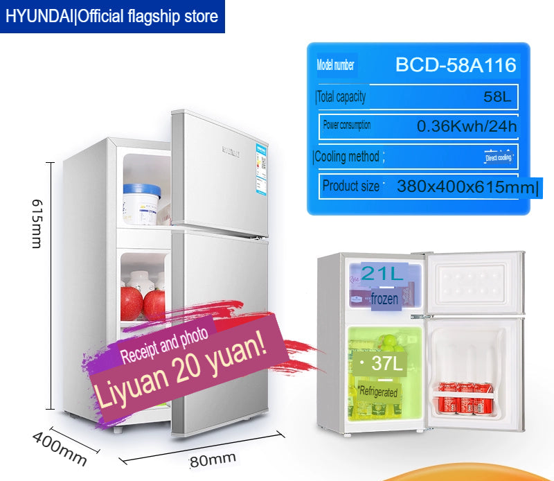 Hyundai BCD-58A116 58L Small Refrigerator with Double Doors for Rental and Dormitory