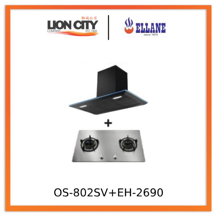 Ellane EH-2690 90cm Black Designer Chimney Hood + Ellane OS-802SV 86cm ...