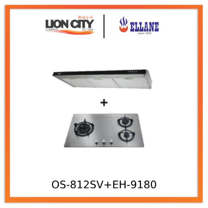 Ellane 60cm/90cm Slimline Hood With Black Panel EH-9180 + Ellane OS-812SV 86cm 3 Burner