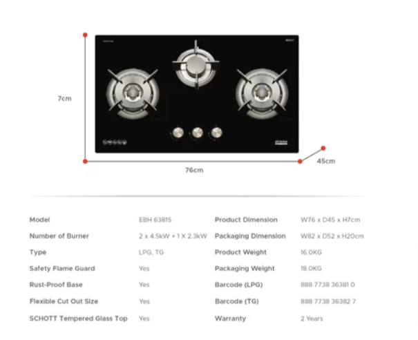 Europace EBH6381STG  80cm Built-In Gas Hob (3burner)