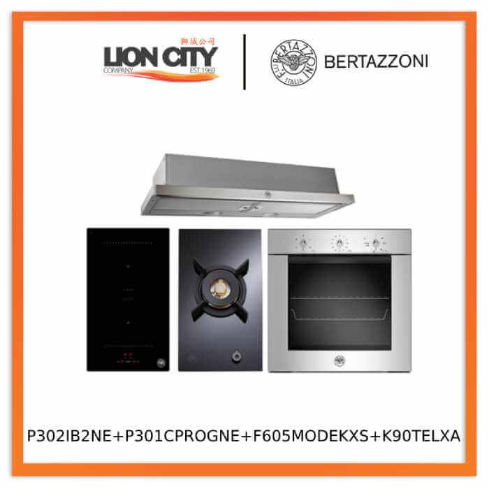 Bertazzoni P302IB2NE 30cm Built-in Induction Hob+Bertazzoi P301CPROGNE 30 cm Domino Gas on Glass Hob+Bertazzoni F605MODEKXS 60cm Built-in Oven+Bertazzoni K90TELXA 90cm Telescopic Hood