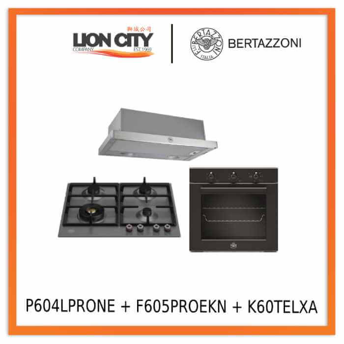 Bertazzoni P604LPRONE 60cm 4-Burner Gas + F605PROEKN 5 Function Oven + K60TELXA Hood