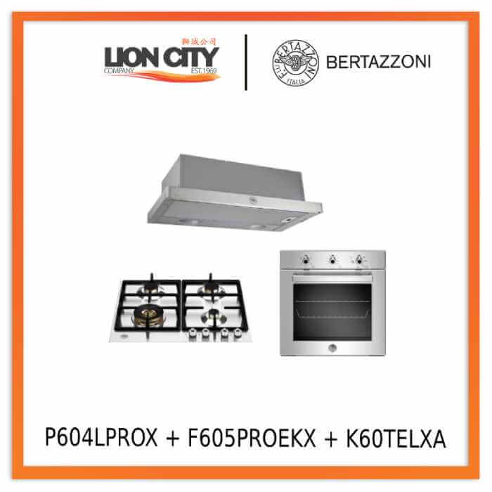 Bertazzoni P604LPROX 60cm 4-Burner Gas + F605PROEKX 5 Function Oven + K60TELXA Hood