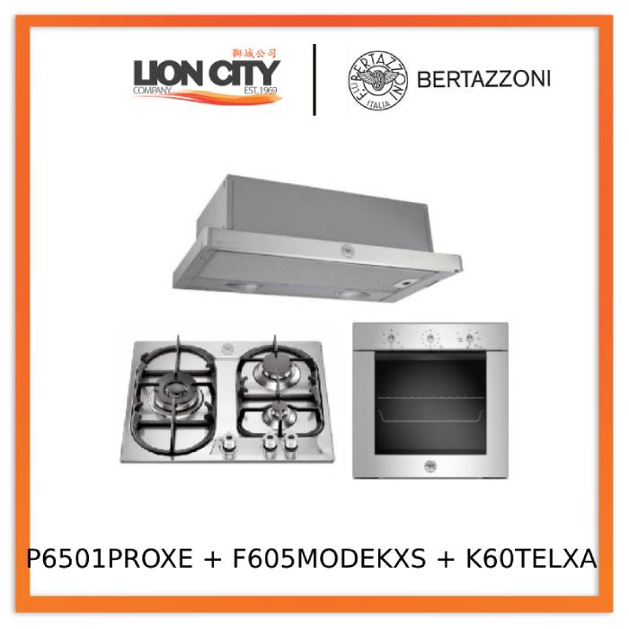 Bertazzoni P6501PROXE 60 cm 3 Aluminium Burners, Dual Wok Hob + F605MODEKXS 5 Function Oven + K60TELXA Telescopic Hood