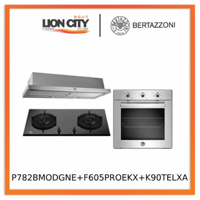 Bertazzoni P782BMODGNE 78cm gas on glass hob+F605PROEKX 60cm Built-in Oven 5 functions+K90TELXA 90cm Telescopic Hood - Lion City Company