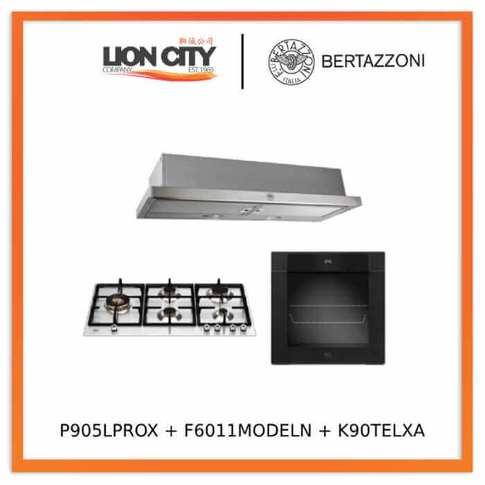 Bertazzoni 90cm P905LPROX/NE Gas Hob + F6011MODELN 11 Function Oven + K90TELXA Telescopic Hood
