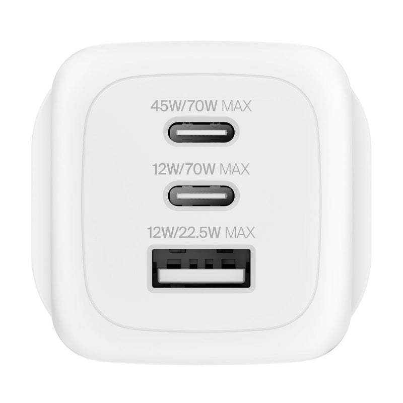Belkin BoostCharge 70W 3-Port GaN Wall Charger White