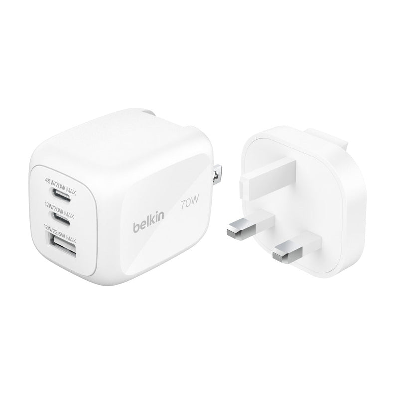 Belkin BoostCharge 70W 3-Port GaN Wall Charger White