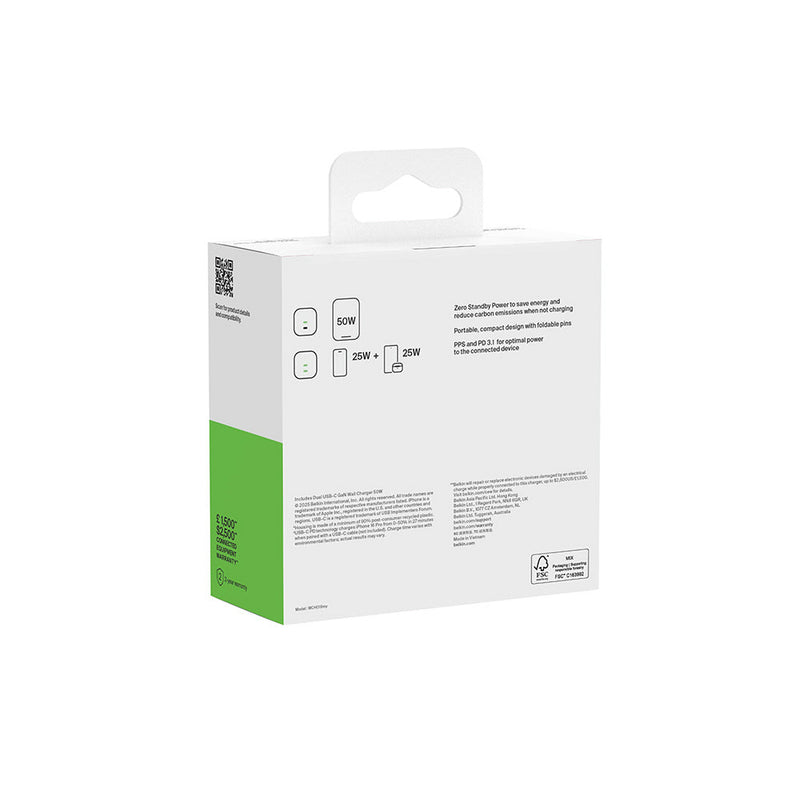 Belkin 50W Dual USB-C GaN Wall Charger with PPS White