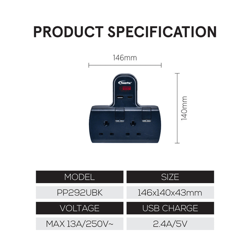 PowerPac 2-Way Multi Plug Extension Adapter PP292UBK