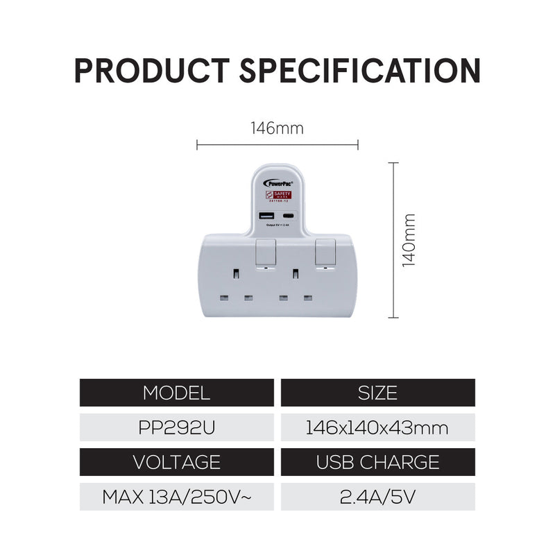 PowerPac 2-Way Multi Plug Extension Adapter PP292U
