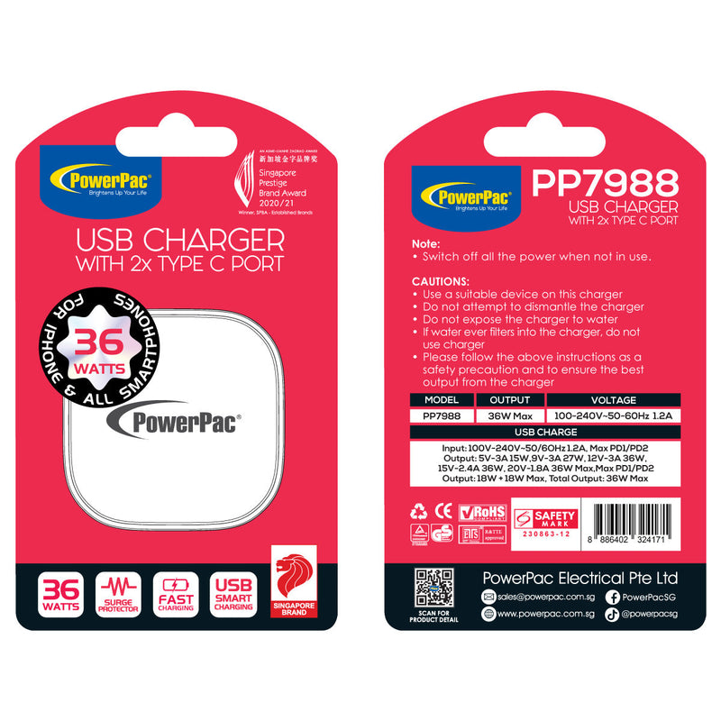PowerPac 36W 2-Port USB-C PD3.0 Fast Charger PP7988