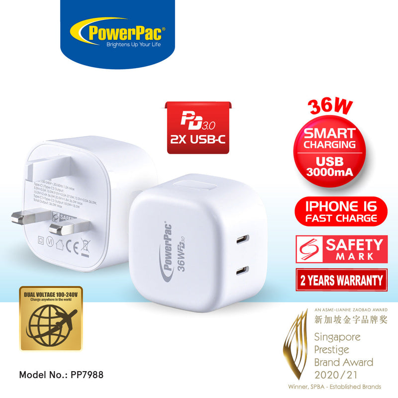 PowerPac 36W 2-Port USB-C PD3.0 Fast Charger PP7988
