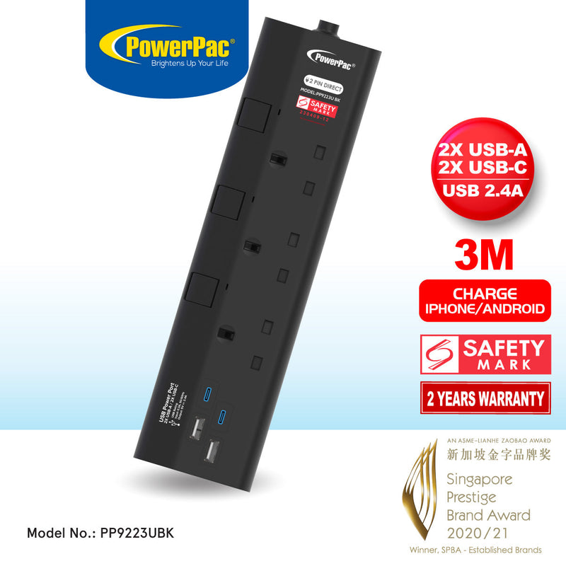 PowerPac 3m 3-Way Extension Socket PP9223UBK