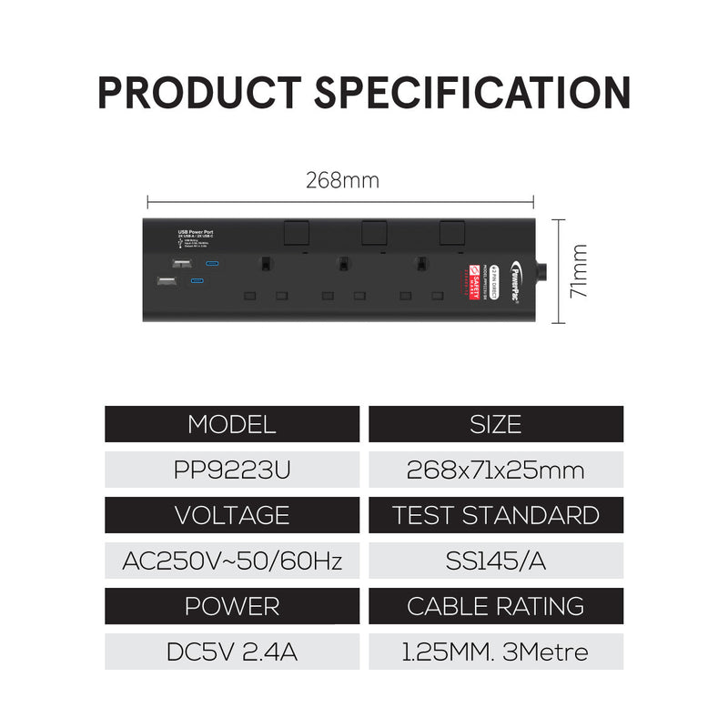 PowerPac 3m 3-Way Extension Socket PP9223UBK