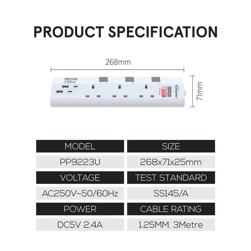 PowerPac 3m 3-Way Extension Socket PP9223U