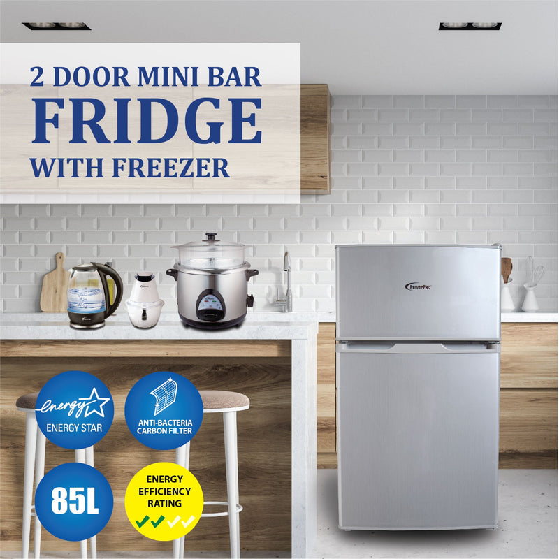 PowerPac 2-Door Mini Bar Fridge 71L Silver PPF85