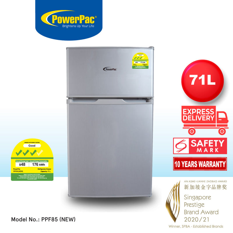 PowerPac 2-Door Mini Bar Fridge 71L Silver PPF85