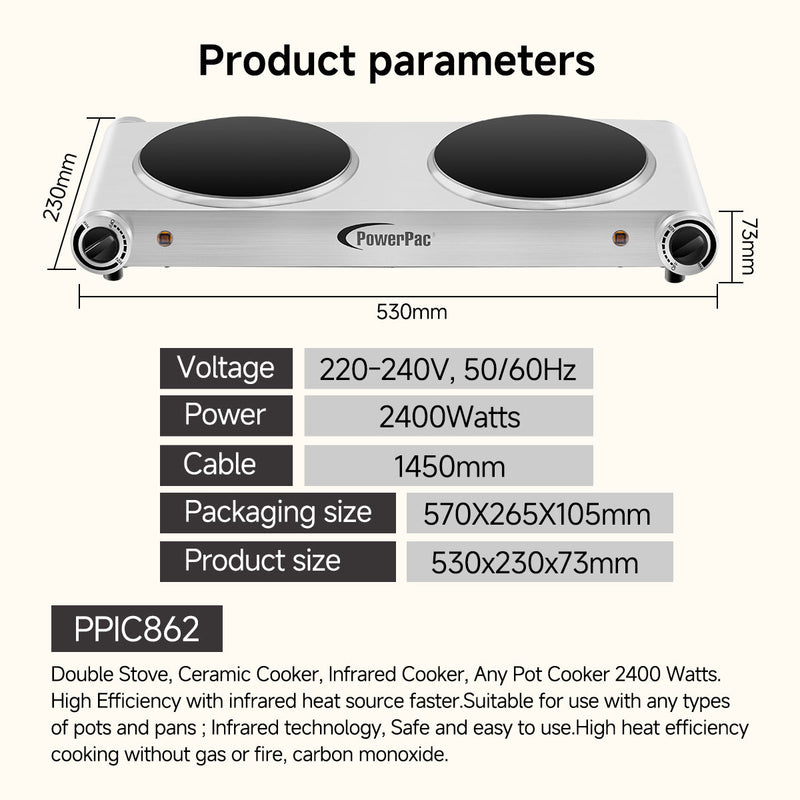 PowerPac 2400W Double Ceramic Cooker PPIC862A