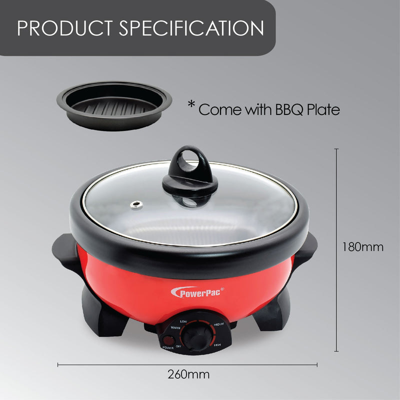 PowerPac 1.1L 2-in-1 Steamboat & BBQ Multi Cooker PPMC182