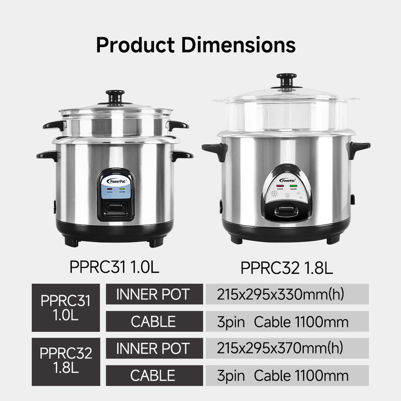 PowerPac 1.8L Rice Cooker with Steamer PPRC32
